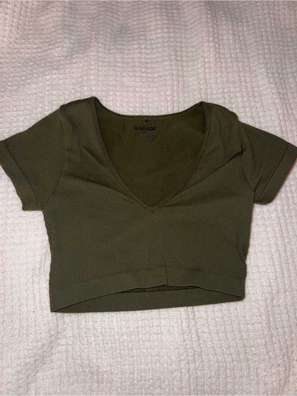 Garage Olive Green V-Neck Ribbed Crop Top